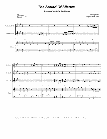 The Sound Of Silence For Clarinet Choir And Piano Sheet Music