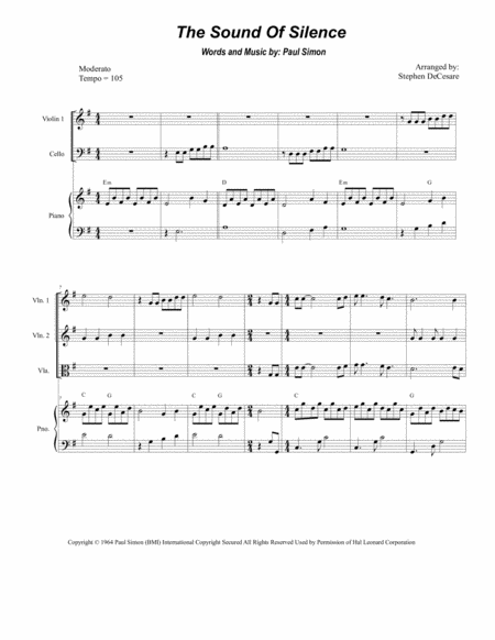 Free Sheet Music The Sound Of Silence For String Quartet And Piano