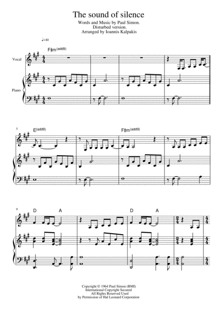 The Sound Of Silence For Voice And Piano Disturbed Cover Sheet Music