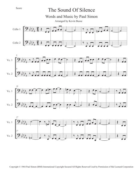 The Sound Of Silence Original Key Cello Duet Sheet Music