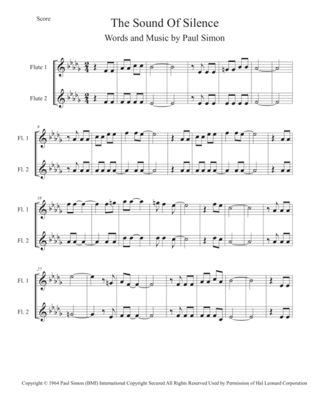 The Sound Of Silence Original Key Flute Duet Sheet Music