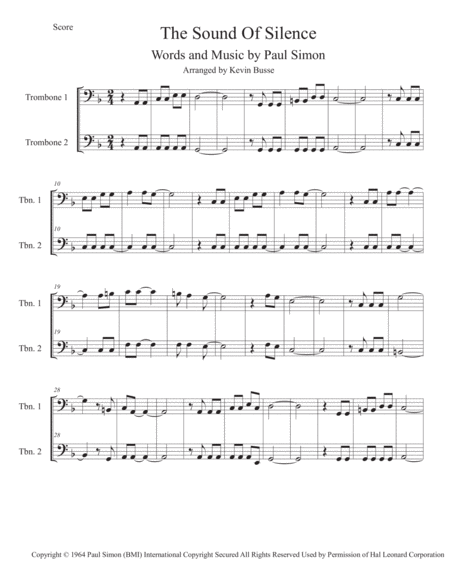 Free Sheet Music The Sound Of Silence Trombone Duet