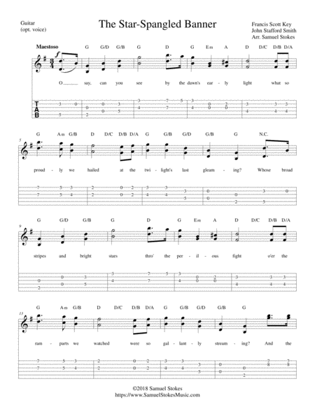 The Star Spangled Banner For Guitar Solo With Tab Optional Voice Sheet Music