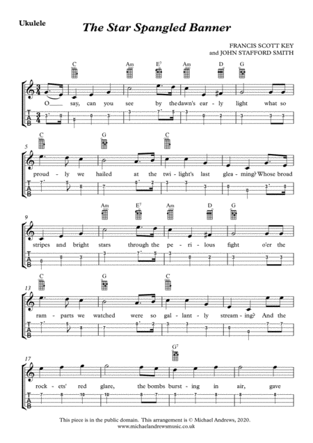 Free Sheet Music The Star Spangled Banner For Ukulele With Tab