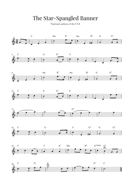 Free Sheet Music The Star Spangled Banner National Anthem Of The Usa C Major