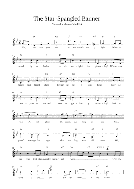 Free Sheet Music The Star Spangled Banner National Anthem Of The Usa With Lyrics B Flat Major