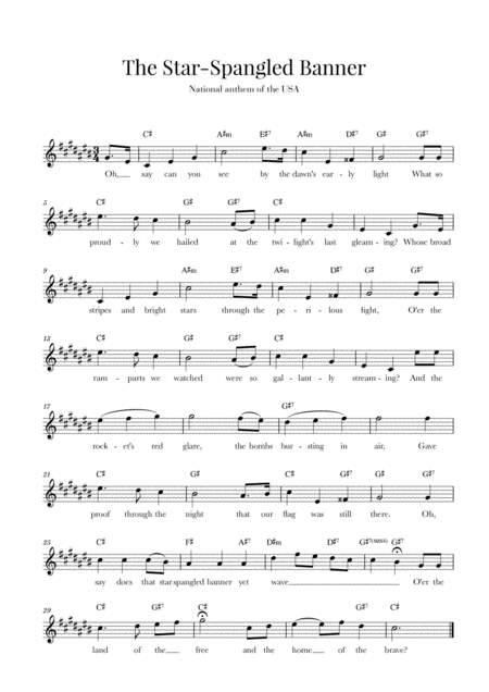 Free Sheet Music The Star Spangled Banner National Anthem Of The Usa With Lyrics C Sharp Major