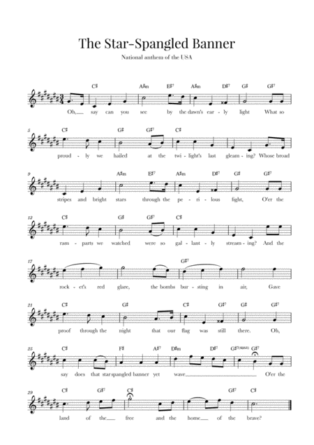 The Star Spangled Banner National Anthem Of The Usa With Lyrics C Sharp Major Sheet Music