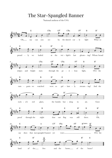 The Star Spangled Banner National Anthem Of The Usa With Lyrics E Major Sheet Music