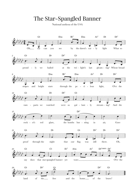 The Star Spangled Banner National Anthem Of The Usa With Lyrics G Flat Major Sheet Music