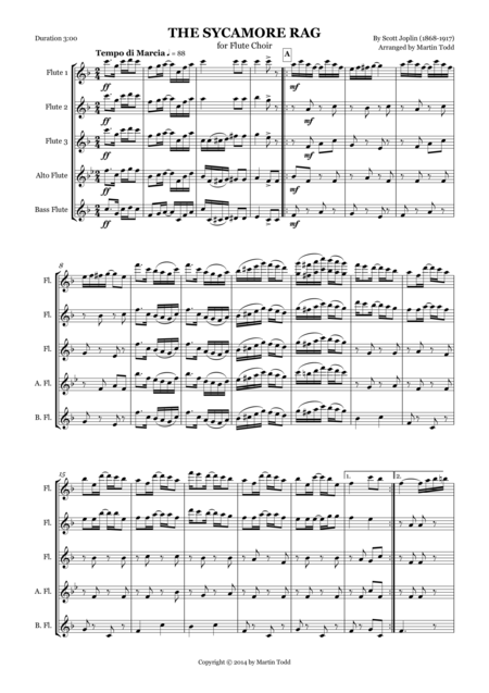 Free Sheet Music The Sycamore Rag For Flute Choir Or Quintet