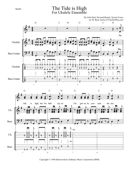 The Tide Is High Blondie Arranged For Ukulele Orchestra Band Ensemble Sheet Music