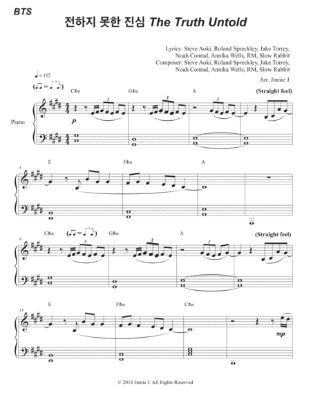 The Truth Untold By Bts For Piano Easy Version Sheet Music