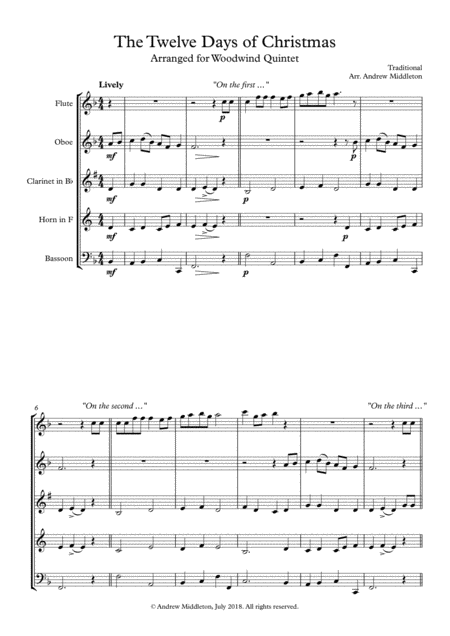 The Twelve Days Of Christmas Arranged For Woodwind Quintet Sheet Music