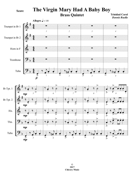 The Virgin Mary Had A Baby Boy Brass Quintet Intermediate Sheet Music