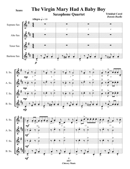 Free Sheet Music The Virgin Mary Had A Baby Boy Saxophone Quartet Satb Aatb Intermediate