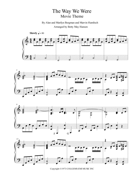 Free Sheet Music The Way We Were Movie Theme