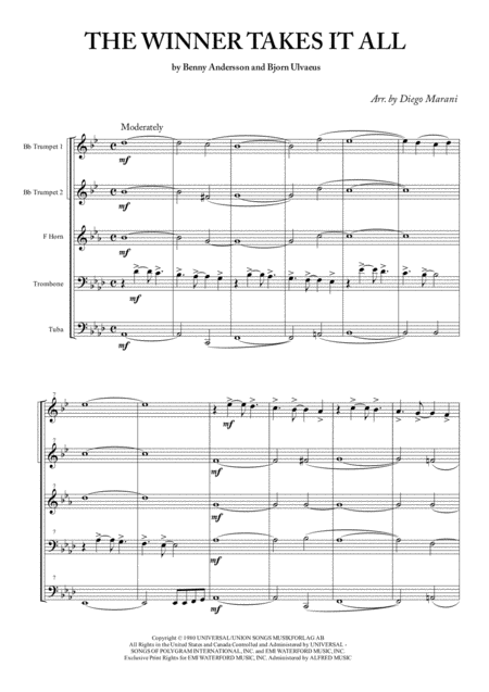 Free Sheet Music The Winner Takes It All By Abba For Brass Quintet