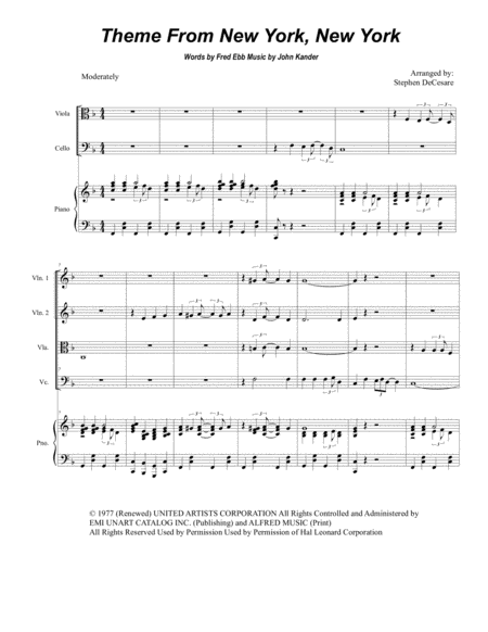 Theme From New York New York For String Quartet Sheet Music