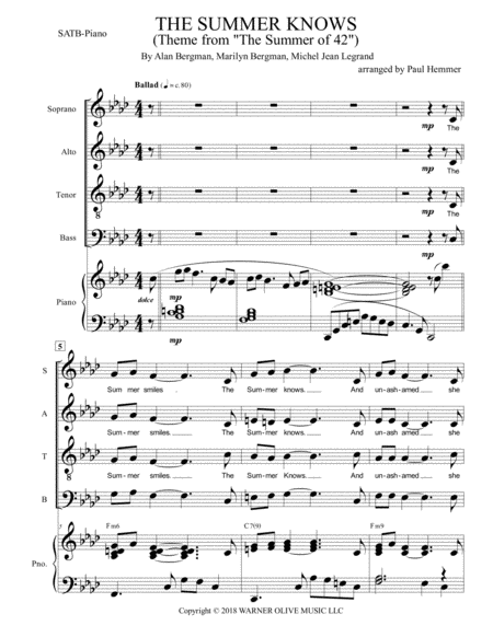 Free Sheet Music Theme From Summer Of 42