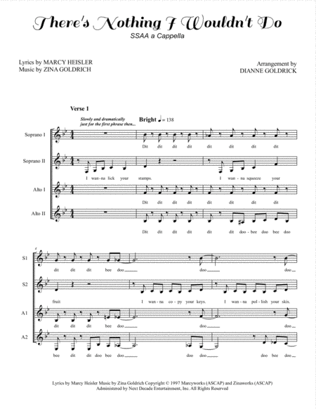 Free Sheet Music Theres Nothing I Wouldnt Do Ssaa A Cappella