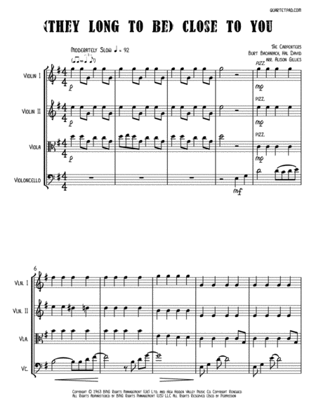 Free Sheet Music They Long To Be Close To You String Quartet