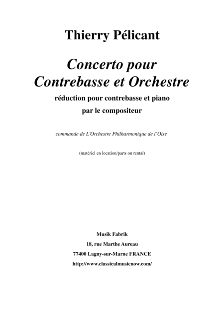 Thierry Plicant Concerto For Contrabass And Orchestra Piano Reduction And Solo Part Sheet Music