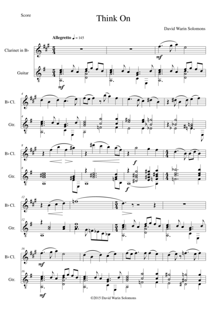 Free Sheet Music Think On For Clarinet And Guitar