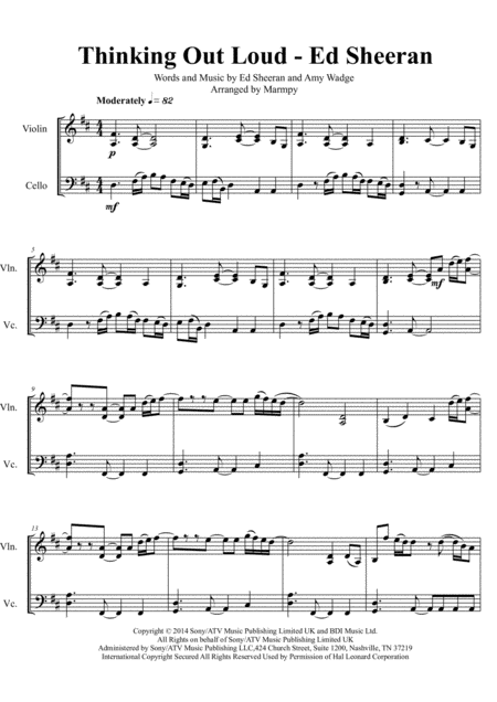 Thinking Out Loud Ed Sheeran Arranged For String Duet Sheet Music