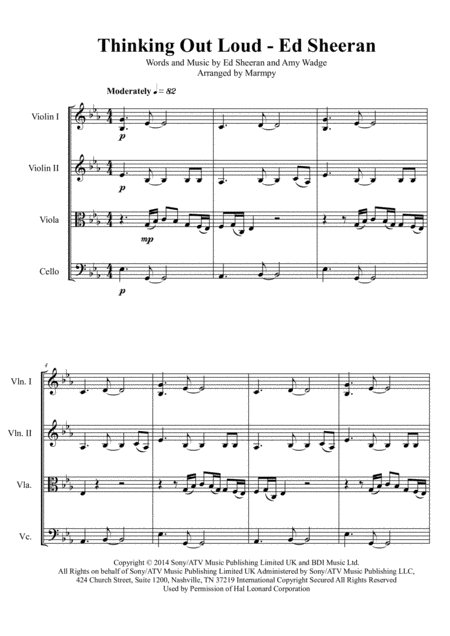 Thinking Out Loud Ed Sheeran Arranged For String Quartet Sheet Music