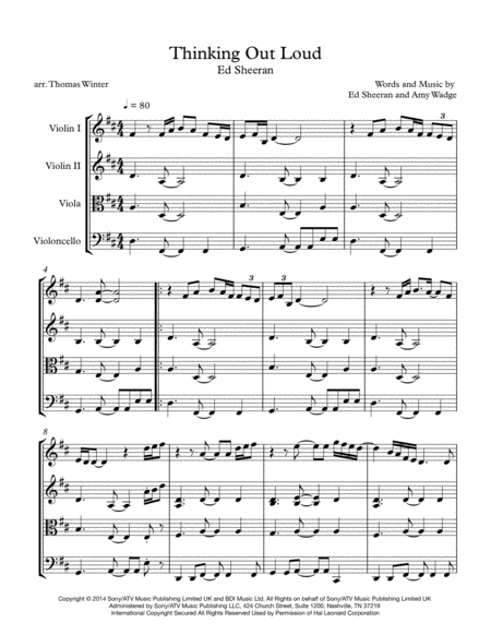 Thinking Out Loud Ed Sheeran String Quartet Trio Duo Or Solo Violin Sheet Music