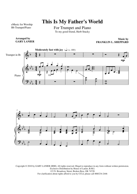 Free Sheet Music This Is My Fathers World Trp Pn Parts