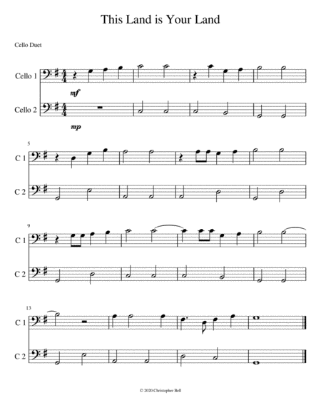 Free Sheet Music This Land Is Your Land Cello Duet L1