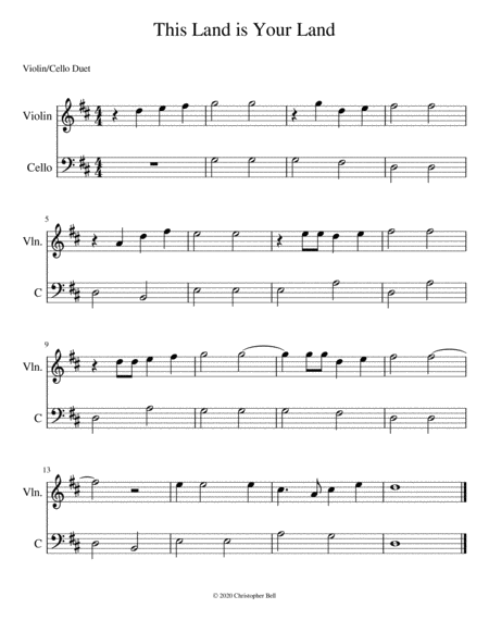 Free Sheet Music This Land Is Your Land Violin Cello Duet Level 1