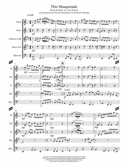 This Masquerade For Woodwind Quintet Sheet Music