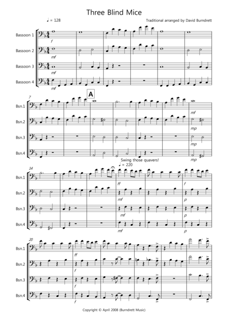 Three Blind Mice For Bassoon Quartet Sheet Music