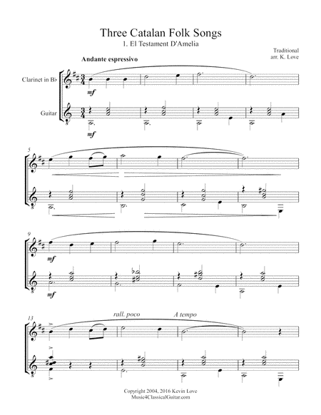 Free Sheet Music Three Catalan Folk Songs Clarinet And Guitar Score And Parts