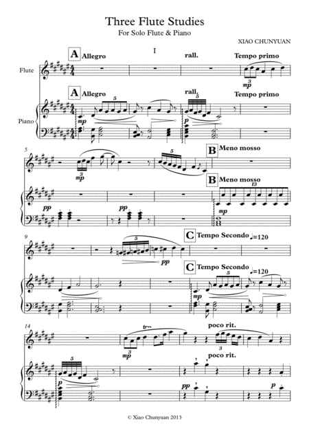 Three Flute Studies For Solo Flute Piano With Flute Parts Sheet Music