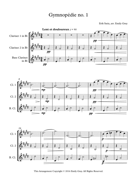 Free Sheet Music Three Gymnopedies Clarinet Trio With Bass Clarinet