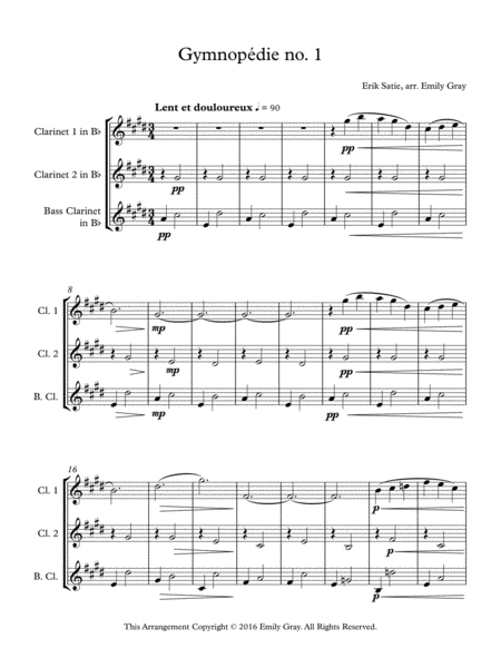 Three Gymnopedies Clarinet Trio With Bass Clarinet Sheet Music