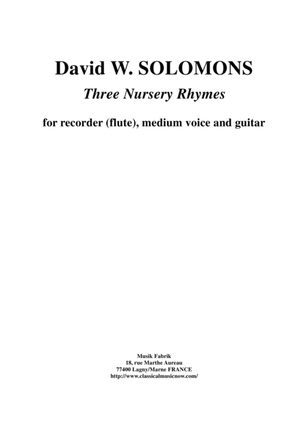 Free Sheet Music Three Nursery Rhymes For Voice Recorder Or Flute And Guitar