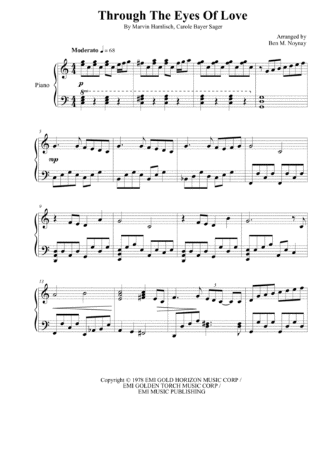 Through The Eyes Of Love Easy Piano Solo Sheet Music