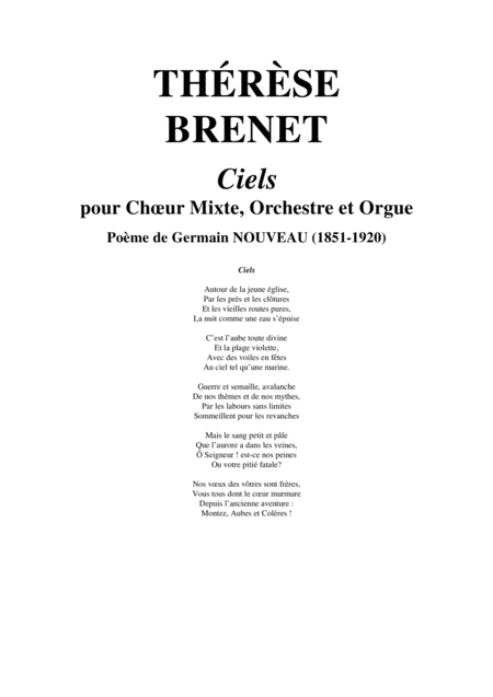 Free Sheet Music Thrse Brenet Ciels For Satb Chorus Orchestra And Organ Study Score