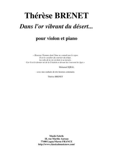 Free Sheet Music Thrse Brenet Dans L Or Vibrant Du Dsert For Violin And Piano