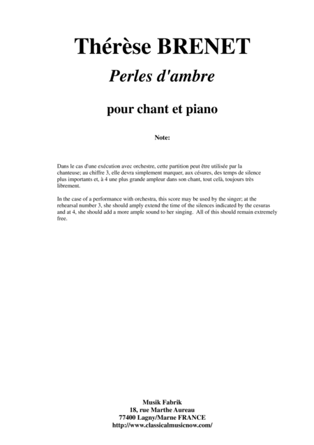 Thrse Brenet Perles D Ambre Vocalize For Female Voice And Piano Sheet Music