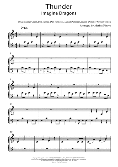 Free Sheet Music Thunder By Imagine Dragons Big Notes Easy To Read Format