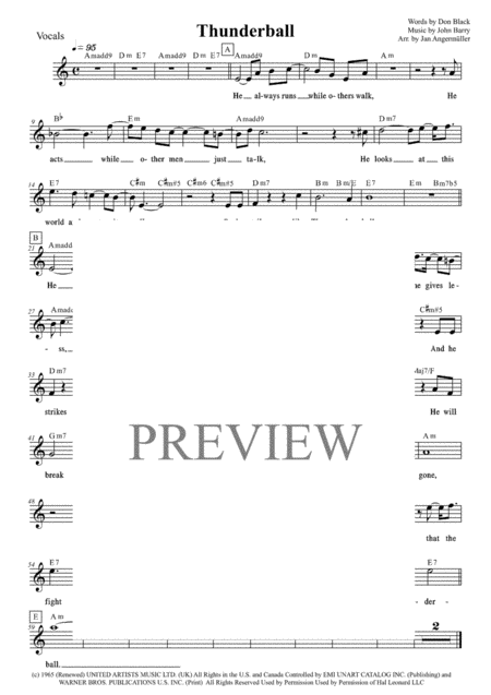 Thunderball Vocals W Chords Transcription Of Original Tom Jones Recording For James Bond A Minor Sheet Music