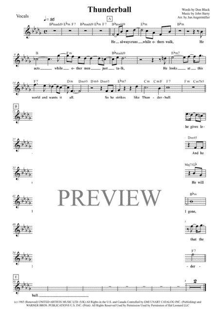 Thunderball Vocals W Chords Transcription Of Original Tom Jones Recording For James Bond Sheet Music