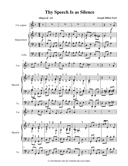 Free Sheet Music Thy Speech Is As Silence For Cor Anglais Harpsichord And Cello