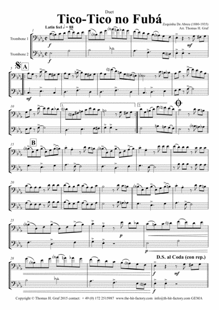 Free Sheet Music Tico Tico No Fub Choro Duet Trombone